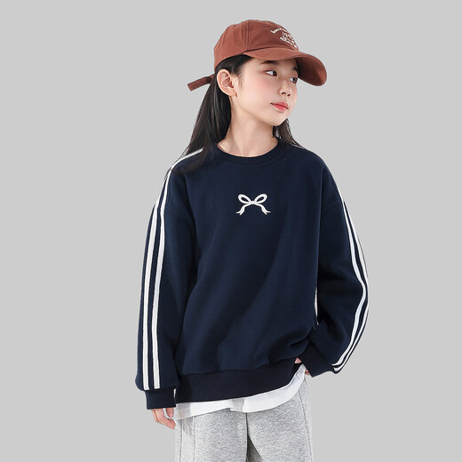 Tutu Little Elephant Children's Clothes Girls' Sweaters 2025 New Children's Autumn and Winter Thickened Warm Winter Clothes with Velvet Lined Versatile Solid Color Sweater Navy Blue 140 Height About 140cm