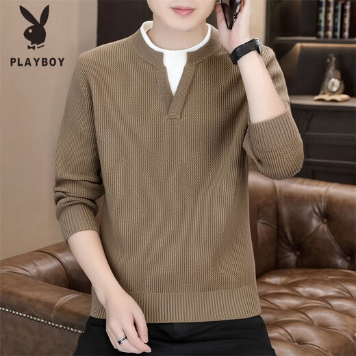 Playboy (PLAYBOY) new autumn and winter men's Henry collar sweater trendy long-sleeved bottoming sweater 8826 light luxury coffee M suggested notice 90-110Jin Jin is equal to 0.5 kg