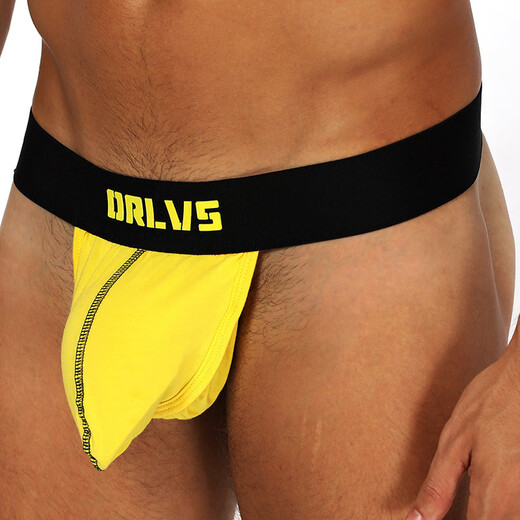 Solid Color Breathable Men's Thong Double Butt Fashionable Low Waist Independent Pouch Cotton No Butt Briefs Yellow M