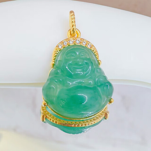 18K gold inlaid leaf pendant with golden branches and jade leaves, Buddha Buddha with big belly, gift for girlfriend, birthday gift for mother, holiday gift, green Buddha Buddha