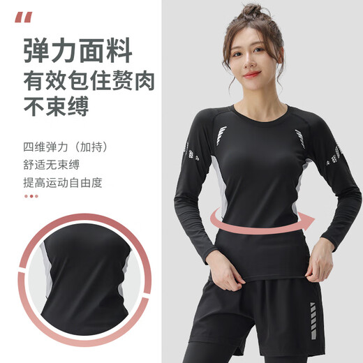 LI NING Li Ning yoga wear women's Pilates running long-sleeved top 2025 new spring fitness suit black gray slim_high elastic two-piece set S