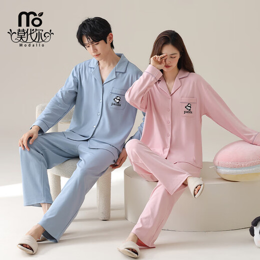 莫代尔纯棉情侣睡衣男女款春秋季开衫长袖休闲舒适女士睡衣家居服套装 02D16802女 02D16802男 XL 女M+男