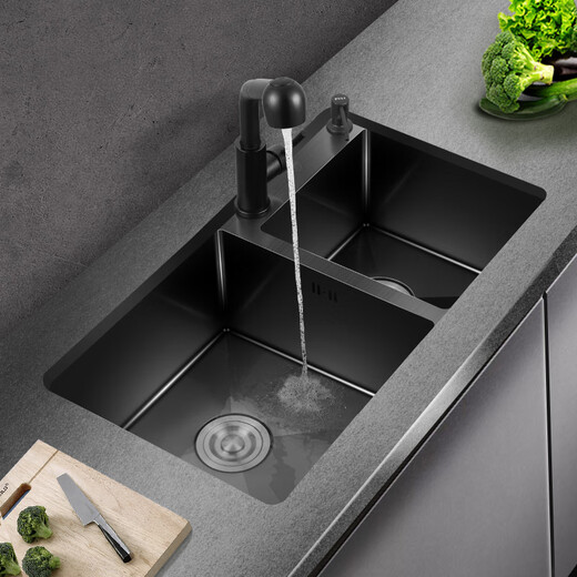 
PULT Black Kitchen Washing Basin 304 Stainless Steel Nano Sink Double Sink Vegetable Sink Hand-made Basin Dishing Basin Deluxe Full Set (with 6193 Faucet) 820x450