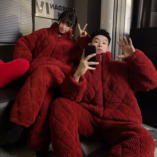 Victoria's style new couple's pajamas for women in winter, three-layer thickened quilted, coral velvet warm home clothes for men and women, dark gray zipper, M female (recommended height 150-155cm, weight 80-90Jin Jin equals 0.5 kg