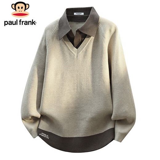 Big mouth monkey (paul frank) sweater men's winter fake two-piece knitted sweater men's warm base shirt top woolen clothes black XL