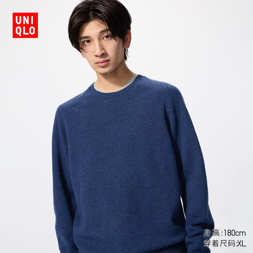 UNIQLO Men's and Women's Soft Sheep Wool Crew Neck Sweater/Long Sleeve Sweater Sweater 478541 68 Dark Blue L/175/100A