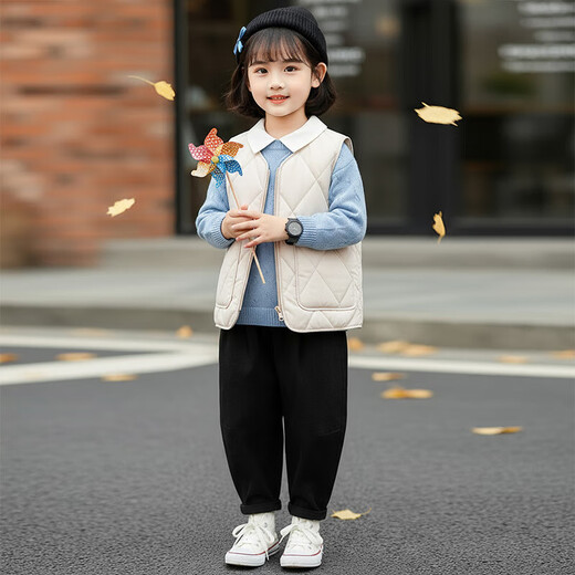 New children's school uniform waistcoat autumn and winter thin warm vest for boys and girls to wear inside and outside, medium and large children plus velvet waistcoat trendy off-white 130