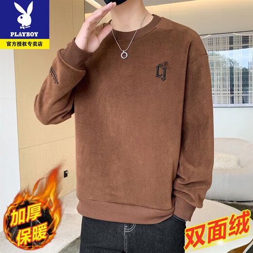 Playboy men's sweatshirt double-sided velvet 2025 autumn and winter new long-sleeved t-shirt bottoming shirt thickened warm lightweight top jacket K3703 beige double-sided velvet XL recommended 120-140Jin Jin equals 0.5 kg