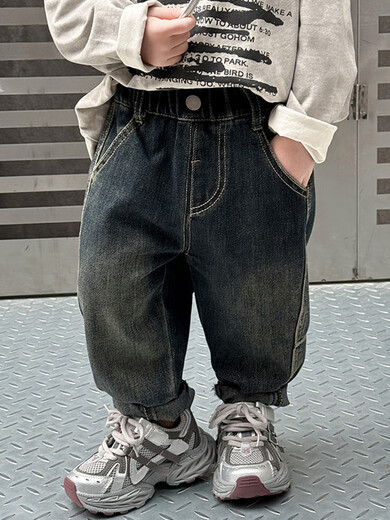 男童牛仔裤春秋2025新款帅气儿童超软休闲长裤男宝宝秋季百搭裤子 蓝灰色-春秋款 cm 90