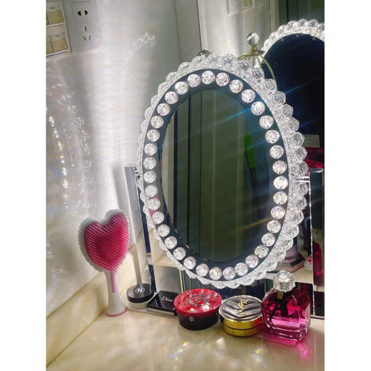 Oval Large Led Crystal Cosmetic Mirror Exquisite Lighting Cosmetic Mirror Desktop Popular Accessible Luxury Smart Filled Light Mirror Silver Medium Plug-in Model