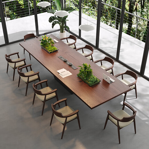 Oscarden large conference room table and chair combination, light luxury and high-end solid wood large table workbench with planter slots and embedded sockets, one table and ten chairs, 3m table + Hiroshima chairs*10