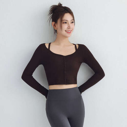 Tights Women's Tops Sports Tops Women's Tight Buttons Sexy Slim Yoga Wear Pilates Threaded Long Sleeve Running Espresso S