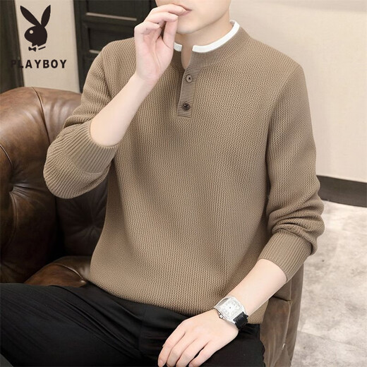 Playboy (PLAYBOY) new autumn and winter men's Henry collar sweater trendy long-sleeved bottoming sweater 8826 light luxury coffee M suggested notice 90-110Jin Jin is equal to 0.5 kg