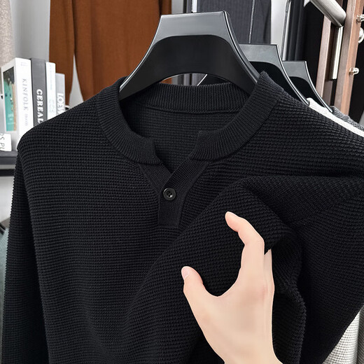 ERDOS Ordos city's new autumn henley collar long-sleeved men's sweater solid color 2025 pineapple pattern texture dark gray M - recommended 100-125Jin Jin equals 0.5 kg