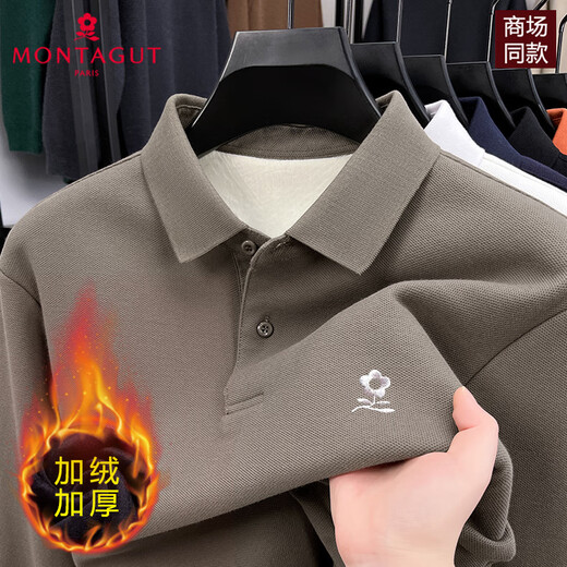 MONTAGUT 2025 new autumn and winter velvet thickened pure cotton men's long-sleeved T-shirt high-end middle-aged and elderly polo shirt M24823-green 4XL 190 recommended 180-200Jin Jin equals 0.5 kg