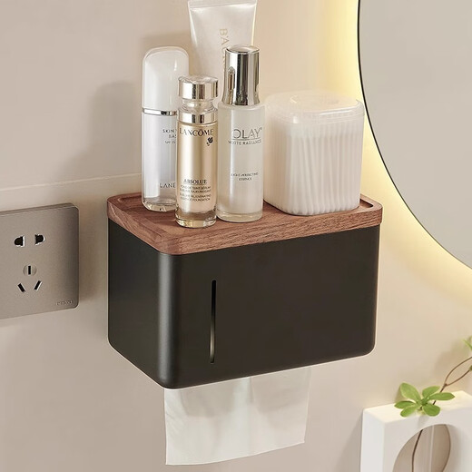 Shantou Lincun Paper Box Walnut Bathroom Shelf Toilet Paper Box Waterproof Wall-mounted No-Punch Tissue Holder with Cover No Punch/Punch-Walnut Black Tissue Box (Vertical Grain)