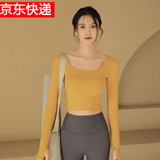 LULULOMDDW yoga clothes with chest pads, autumn and winter slimming long-sleeved sports tops for women, professional running and Pilates training fitness clothes, Ginkgo yellow, fixed cup/slimming, L (recommended 110-125Jin Jin equals 0.5kg)