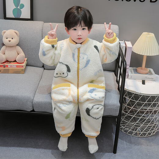 Children's One-piece Pajamas in the Wild and Wild, Autumn and Winter Flannel Thickened One-Year-Old Baby Baby Sleeping Bag, Boy's Coral Velvet Anti-Kick Quilt, Off-White 100cm