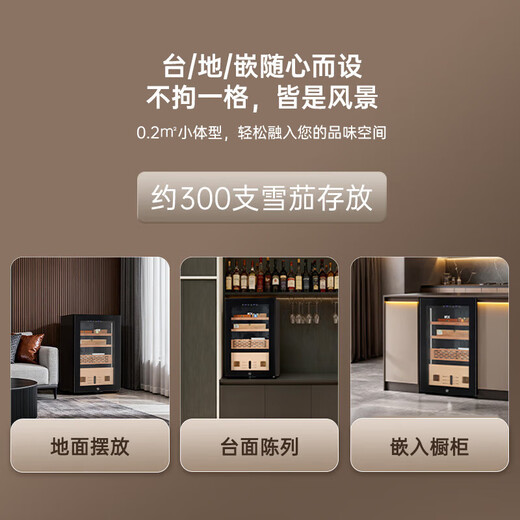 Husky HCK cigar cabinet multi-functional constant temperature and humidity humidification cabinet mini office household solid wood cedar wood alcohol-cured bare-nourished energy-saving air-cooled frost-free wine cabinet about 300 pieces black gold-constant temperature and humidity air-cooled 67L