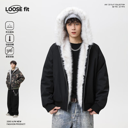 VUUG cotton jacket men's solid color American plush hooded casual trendy Korean fashion warm cotton jacket black S