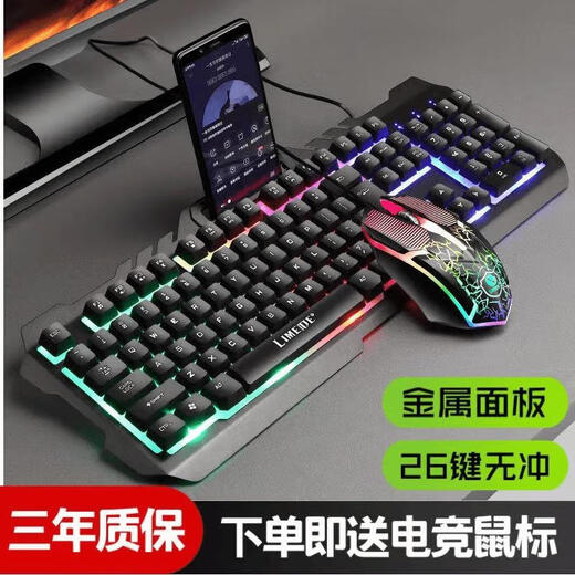 罗技电竞机械手游戏键盘鼠标办公台式机笔记本通用电脑有线键鼠发光 黑色旗舰版-字符发光【单健盘】
