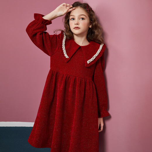 ASK JUNIOR New Year's wear, girls' skirts, winter clothes, children's lapels, velvet glitter princess skirts, performance clothes, red 140
