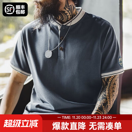 Madden Workwear American Retro Baseball Collar Henley T-Shirt Men's Heavy Cotton Right Shoulder Short Sleeve Clothes Men's Summer Lava Gray Men's New Style/Light Luxury High-end L