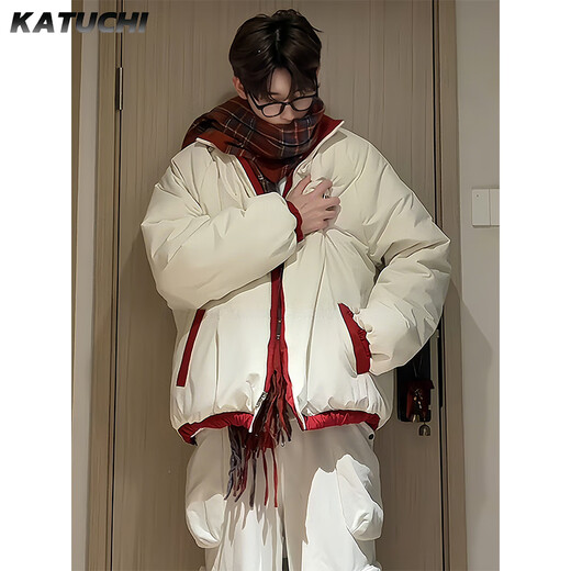 Katuchi American double-sided down cotton jacket men's winter thickened warm cotton coat handsome contrasting color short bread coat bull red + off-white double-sided cotton jacket version XL