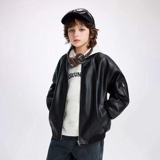 ASK JUNIOR children's jacket 2025 autumn medium and large children's trendy cool leather motorcycle style jacket boys soft and skin-friendly black