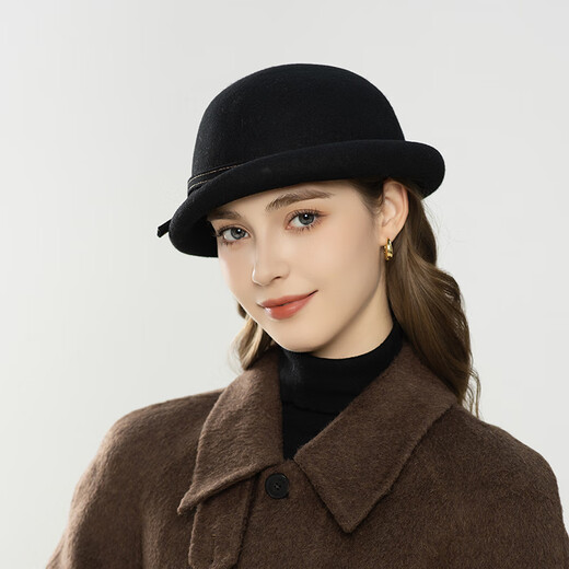 Lanshimengdai 2025 new simple wool basin hat for women elegant retro knotted rope decoration casual versatile hat autumn and winter warm black 56-58cm