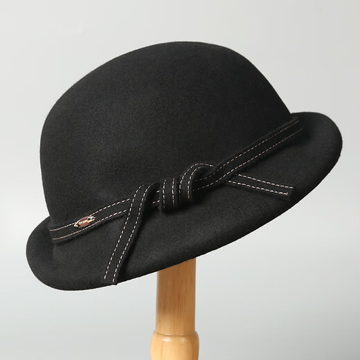 Lanshimengdai 2025 new simple wool basin hat for women elegant retro knotted rope decoration casual versatile hat autumn and winter warm black 56-58cm