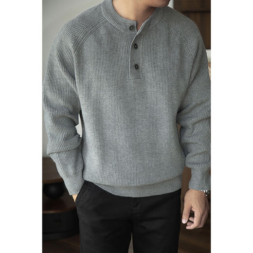 American heavyweight widened frame feeling 7 knitting henley sweater anti-wrinkle warm men's autumn and winter matte blue gray S S