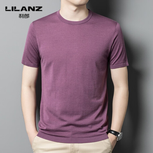 Lilang worsted wool short-sleeved T-shirt men's round neck summer thin cool high count super fine solid color half-sleeved woolen sweater gray green thin 4XL (190)