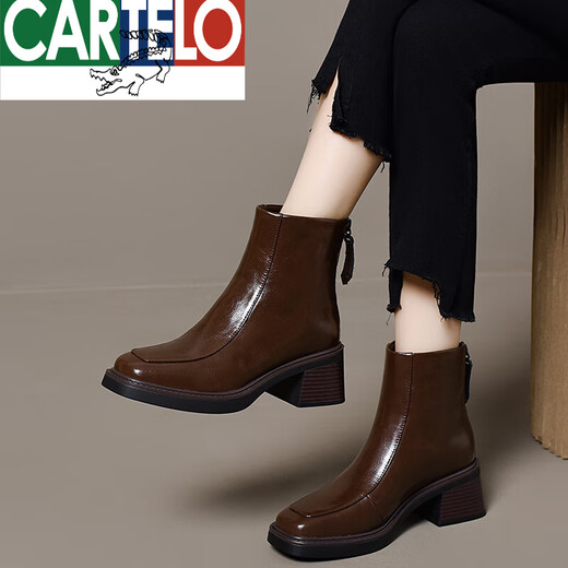 Cardile Crocodile British Style Martin Boots Women's 2025 New Autumn and Winter Square Toe Medium Heel Thick Heel Plus Velvet Ankle Boots Retro Genuine Leather Short Boots High Top Black Single Mile High Top 34