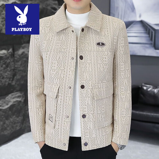 Playboy winter velvet thickened jacket men's trendy and handsome slim fit lapel casual short woolen windbreaker jacket apricot velvet XL recommended 130-150Jin Jin equals 0.5 kg