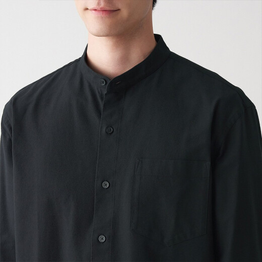 MUJI Men's Washed Oxford Stand Collar Shirt Men's Long Sleeve Shirt Jacket Black L