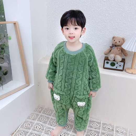 Children's one-piece pajamas autumn and winter flannel double-layer thickened baby baby sleeping bag boy's coral velvet anti-kick 1 picture color 90