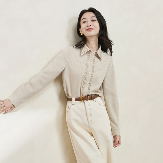 Xiran 2025 winter new style commuting simple and versatile temperament casual loose slimming embroidered long-sleeved shirt for women light khaki XL