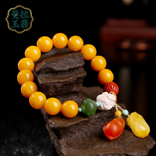 Manla Jade Pei Natural Beeswax Bracelet Female Chicken Oil Yellow Single Circle DIY Bracelet Amber Lucky Small Pixiu Beads 11mm Beeswax Beads About 11mm 13pcs