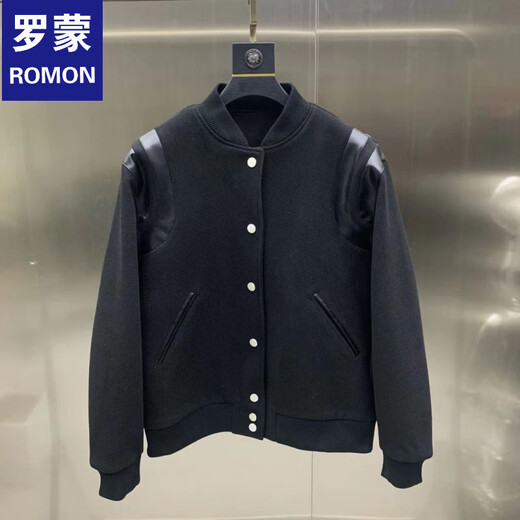ROMON black short woolen baseball jacket men's winter warm padded jacket handsome leather jacket cotton jacket black L