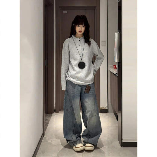 Huazhenmian (HUAZHENMIAN) velvet white floral gray Henry collar long-sleeved POLO shirt men's style handsome shoulder T-shirt American splicing sweatshirt white gray regular M