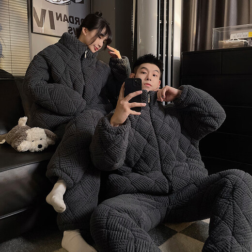 Victoria's style new couple's pajamas for women in winter, three-layer thickened quilted, coral velvet warm home clothes for men and women, dark gray zipper, M female (recommended height 150-155cm, weight 80-90Jin Jin equals 0.5 kg