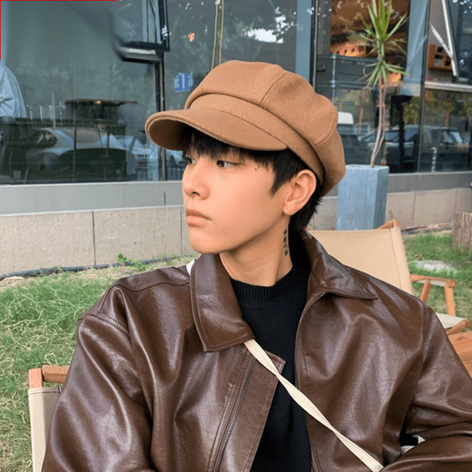 Haofanjie hat beret men's winter black octagonal hat British retro large head circumference men's style boys high-end black