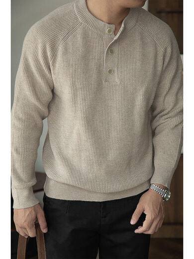 American heavyweight widened frame feeling 7 knitting henley sweater anti-wrinkle warm men's autumn and winter matte blue gray S S