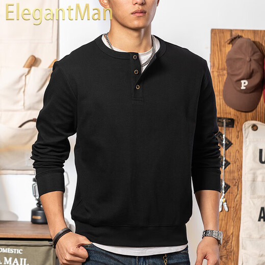 ElegantMan Black 350g Heavyweight Henley Collar Sweatshirt Men's 2025 Winter Season American Retro Henley Shirt Bottoming Long Sleeve Black M