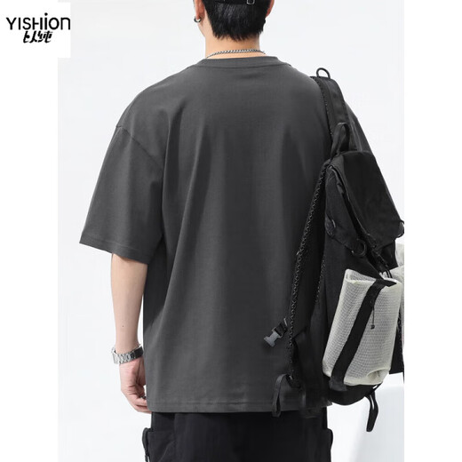 YISHION heavyweight pure cotton short-sleeved T-shirt men's summer loose casual top American fashion brand embroidered round neck 6211 coffee regular M suitable for 110-130Jin Jin equals 0.5 kg