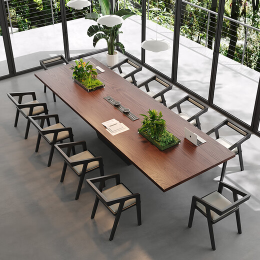 Oscarden large conference room table and chair combination, light luxury and high-end solid wood large table workbench with planter slots and embedded sockets, one table and ten chairs, 3m table + Hiroshima chairs*10
