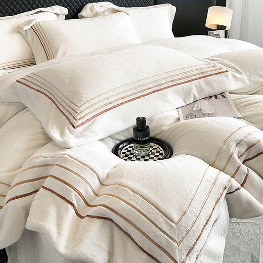 Hengyuanxiang Class A thickened warm milk velvet four-piece winter coral velvet baby velvet light luxury white bedding quilt single piece milk coffee color bed sheet single quilt cover 200*230