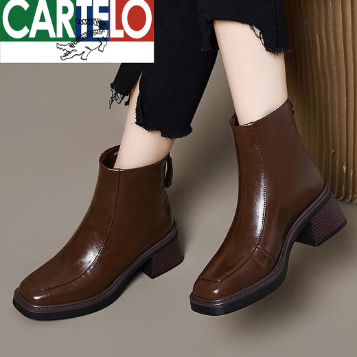 Cardile Crocodile British Style Martin Boots Women's 2025 New Autumn and Winter Square Toe Medium Heel Thick Heel Plus Velvet Ankle Boots Retro Genuine Leather Short Boots High Top Black Single Mile High Top 34