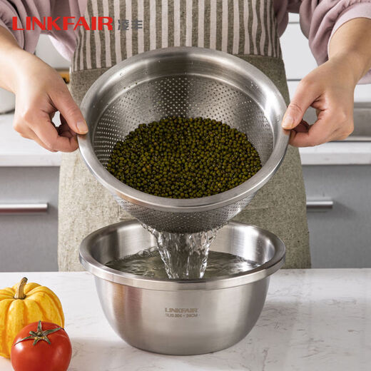 Jie Yu Cat Thickened 304 Stainless Steel Water Filter Basket Washing Basin Washing Fruit Household Rice Soup Basin Leaking Basin Set 24cm